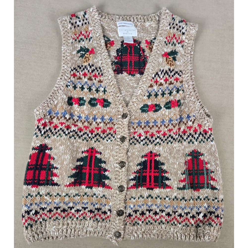 Christopher & Banks Hand Embroidered Christmas Tree Sweater Vest Tan Medium